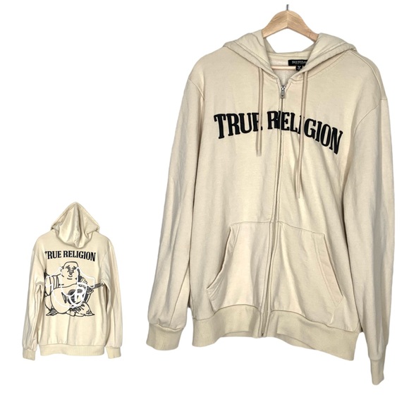 True Religion Other - True Religion Full Zip Hoodie Men's Large Cream Fleece Graphic Print